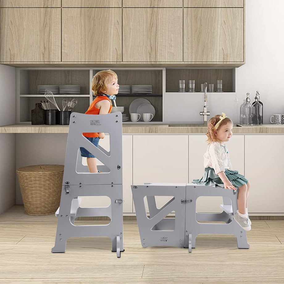 YOLEO 2 in 1 Lernturm Kinder Tritthocker Lernstuhl Kinderhocker Faltbarer Kinderschemel für Baby, mit doppelseitiger magnetischer Tafel, Rutschfestes Fußpolster, Umweltschutz, Küchen-/Badezimmerhelfer