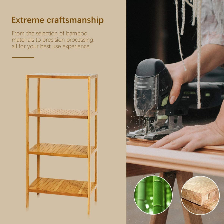 Dripex Standregal Badregal 4 Ebenen Holzregal Küchenregal Pflanzregal Mehrzwerkregal Regal Bambus für Wohnzimmer Badzimmer Waschraum Garten 113 x 26 x 52cm