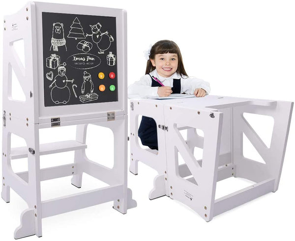YOLEO 2 in 1 Lernturm Kinder Tritthocker Lernstuhl Kinderhocker Faltbarer Kinderschemel für Baby, mit doppelseitiger magnetischer Tafel, Rutschfestes Fußpolster, Umweltschutz, Küchen-/Badezimmerhelfer