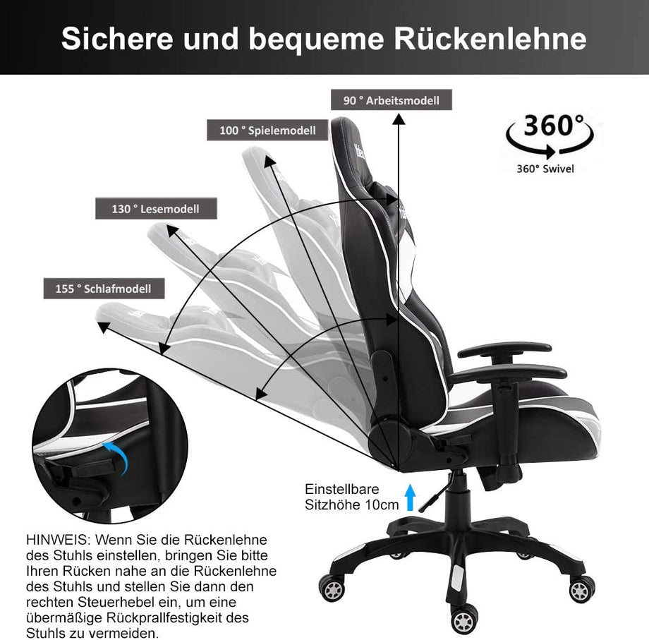 YOLEO Gaming Stuhl Bürostuhl Racing Stuhl Gamer Ergonomischer Stuhl mit Lendenkissen, Hohe Rückenlehne Verstellbarer Drehstuhl, mit einstellte Kopfstütze,150 kg Belastbarkeit, PU-Leder