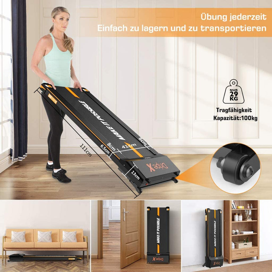 Dripex Laufband elektrisch leise, Treadmill 1-6 km/h einstellbar, 500W Motor mit Fernbedienung und LCE Display, einfach zu transportieren und zu lagern, geeignet für Büro und zuhause, Orange/Blau