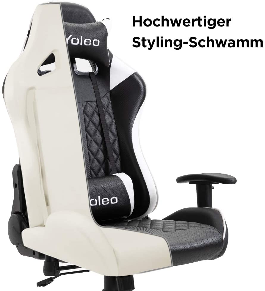 YOLEO Gaming Stuhl, bequemer Gaming Sessel 150 kg Belastbarkeit, Kunstleder PC Stuhl drehbar höhenverstellbar Gaming Chair mit Kopfstütze (weiß-schwarz)