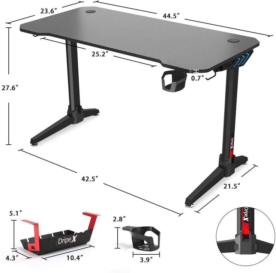 Dripex Gaming Tisch 113 cm Gaming Schreibtisch Gaming Computertisch PC Schreibtisch Gamer mit Getränkehalter und Kopfhörerhalter Schwarz