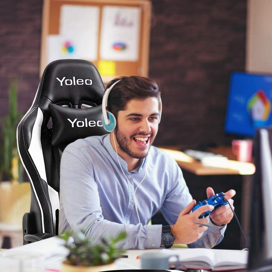 YOLEO Gaming Stuhl Bürostuhl Racing Stuhl Gamer Ergonomischer Stuhl mit Lendenkissen, Hohe Rückenlehne Verstellbarer Drehstuhl, mit einstellte Kopfstütze,150 kg Belastbarkeit, PU-Leder