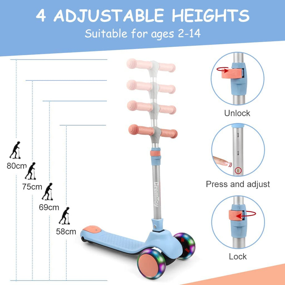 BremToy Kinderroller, Tretroller mit LED-Rädern, Kinder Scooter mit Höhenverstellbarem Lenker, Faltbarer Kickscooter für Kinder
