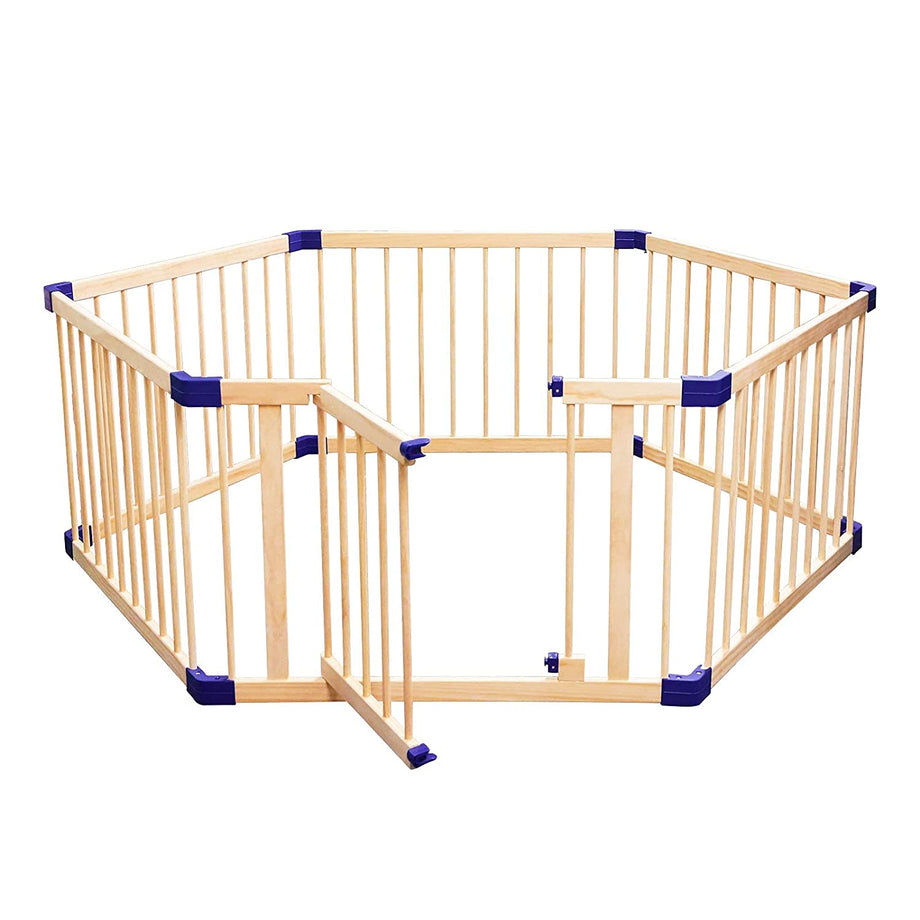 Dripex Laufgitter Baby Laufstall Absperrgitter Kinder Holzgitter Krabbelgitter aus Kieferholz mit Tür 182.4 x 205 CM