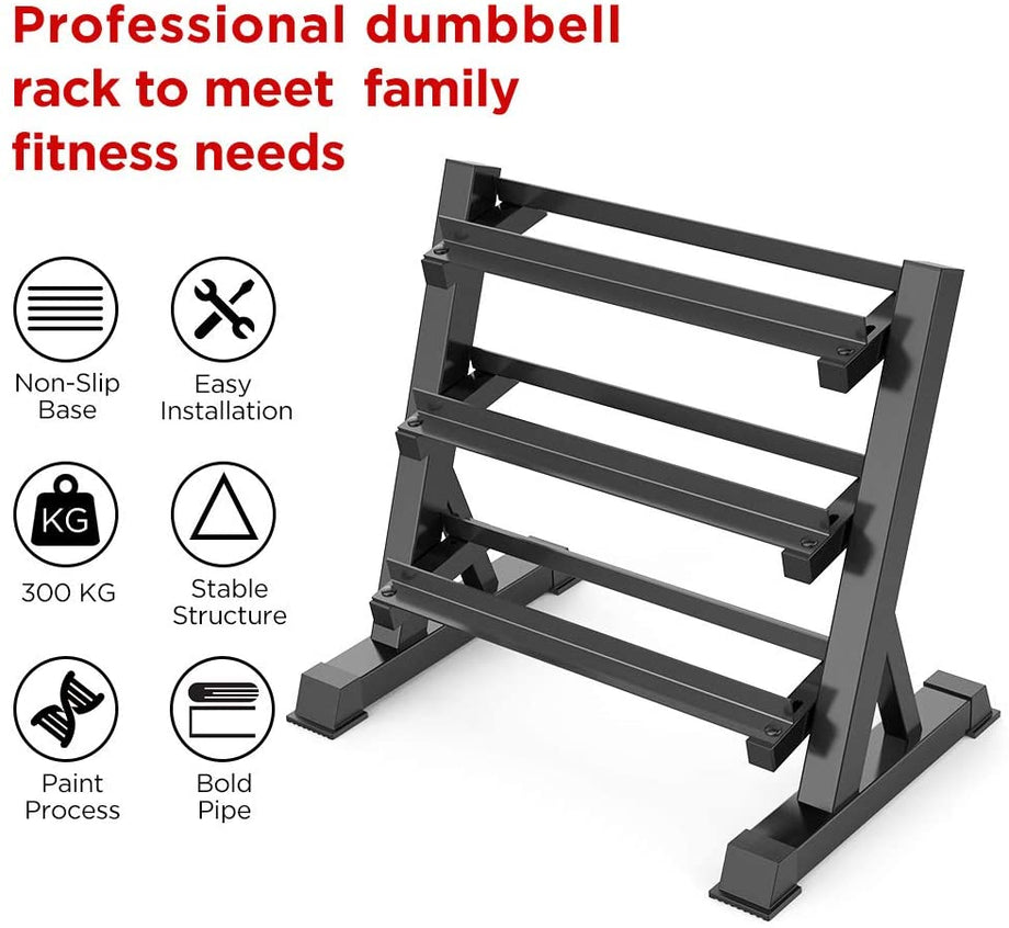 Dripex Kurzhantelständer Kurzhantelablage, Dumbbell Rack 3 Regale, Hantellagerung 90 x 50 x 93cm für Kurzhanteln Aller Gewichte, angewinkelten Ablagebleche, Belastbarkeit 300kg