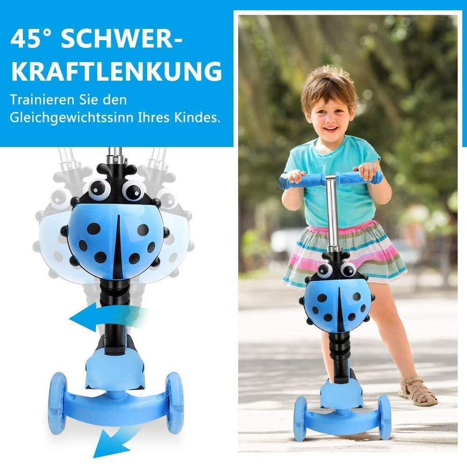 YOLEO 5-in-1 Kinder Roller Scooter mit Abnehmbarer Karikaturkorb Sitz Schubstange LED große Räder Bequeme Rückenlehne Höheverstellbare Lenker für Kleinkinder Jungen Mädchen ab 2 Jahre
