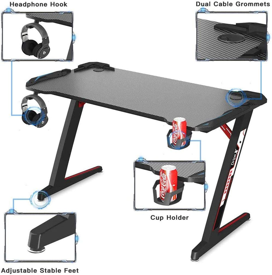 Dripex Gaming Tisch 113 cm Gaming Schreibtisch Gaming Computertisch PC Schreibtisch Gamer mit Getränkehalter und Kopfhörerhalter