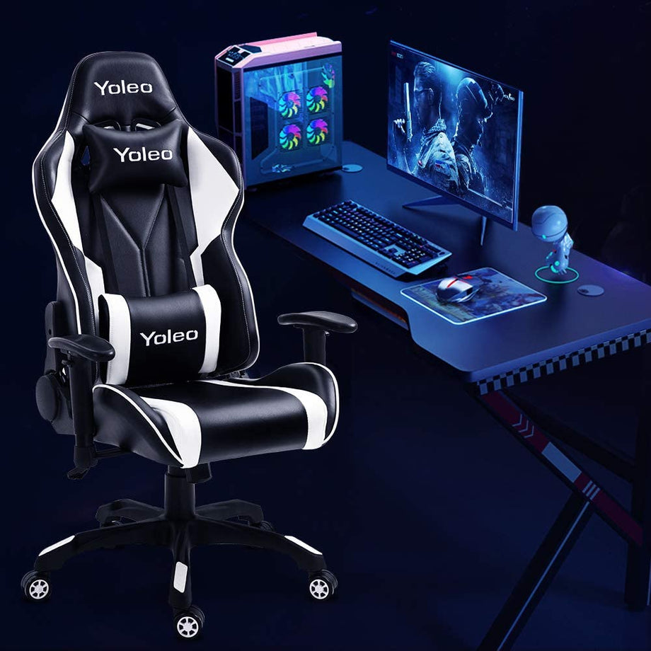 YOLEO Gaming Stuhl Bürostuhl Racing Stuhl Gamer Ergonomischer Stuhl mit Lendenkissen, Hohe Rückenlehne Verstellbarer Drehstuhl, mit einstellte Kopfstütze,150 kg Belastbarkeit, PU-Leder