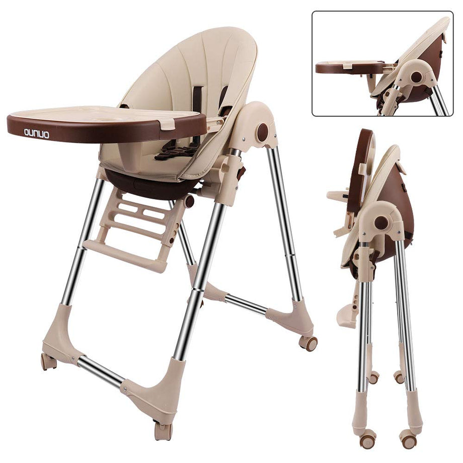 OUNUO Baby Hochstuhl Vertehllbar und Klappbar Kinderhochstuhl mitwachsend Kindersitz Kinderstuhl mit Sicherheitsgurt 6 Monaten bis 6 Jahre PU Leder Kissen Beige