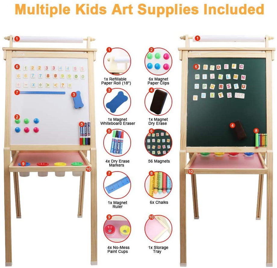 Dripex Kinder Kunst Staffelei mit Papierrolle doppelseitige Tafel und Magnetic Board für Kinder Malen Upgrade Whiteboard Kreidetafel