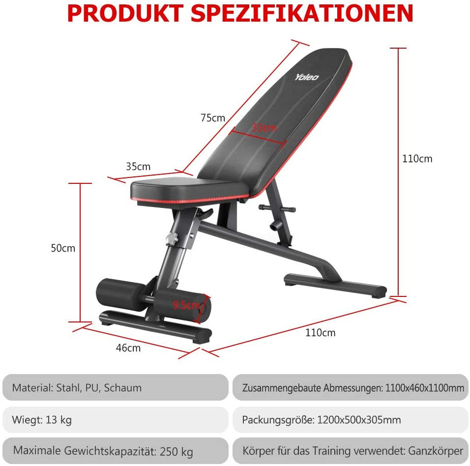 YOLEO klappbare Hantelbank Multifunktion Training Fitness Bank Bauchtrainer Schrägbank mit 6-Fach Verstellbarer Rückenlehne/3-Fach verstellbarer Sitzkissen,Belastung 250kg,Sit Up Bank für Heimtraining
