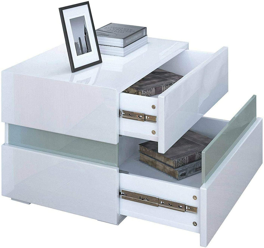 YOLEO Nachttisch Nachtschrank LED Nachtkommode Nachtkonsole Hochglanz/Front Kommode Schrank mit 2 Schubladen- LED Beleuchtung -für Schlafzimmer (Weiß, 60x39x45)