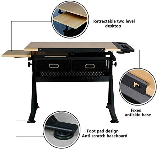 Dripex Zeichentisch mit kippbarer Tischplatte höhenverstellbar- Artist Architektentisch, Arbeitszimmer, Zeichnen, Computertisch inkl. Hocker und 2 Schubladen für Architekten und Techniker (schwarz)