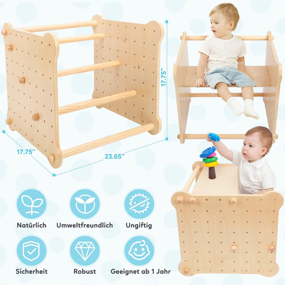 Dripex 6 IN 1 Kletterwürfel aus Holz Indoor/Outdoor Klettergerüst, mit Rutsche kombinierbar für Kleinkinder ab 12 Monaten, belastbar 60kg