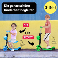 YOLEO 5-in-1 Kinder Roller Scooter mit Abnehmbarer Karikaturkorb Sitz Schubstange LED große Räder Bequeme Rückenlehne Höheverstellbare Lenker für Kleinkinder Jungen Mädchen ab 2 Jahre