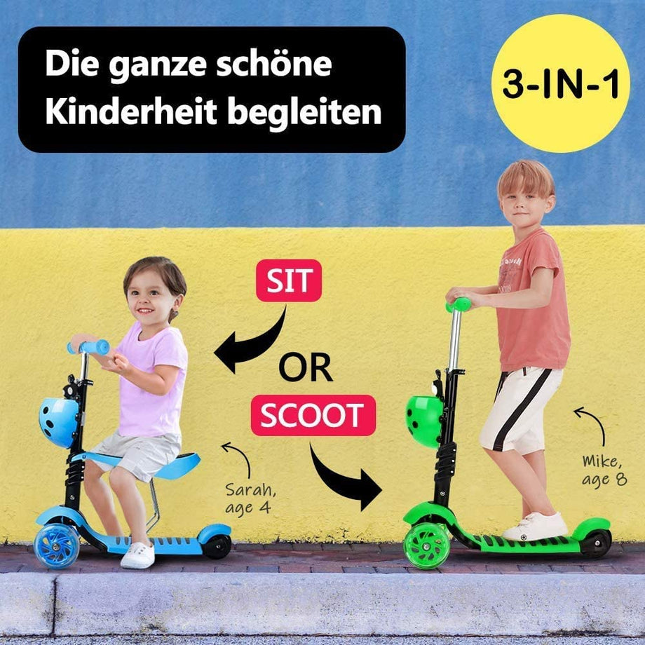 YOLEO 5-in-1 Kinder Roller Scooter mit Abnehmbarer Karikaturkorb Sitz Schubstange LED große Räder Bequeme Rückenlehne Höheverstellbare Lenker für Kleinkinder Jungen Mädchen ab 2 Jahre