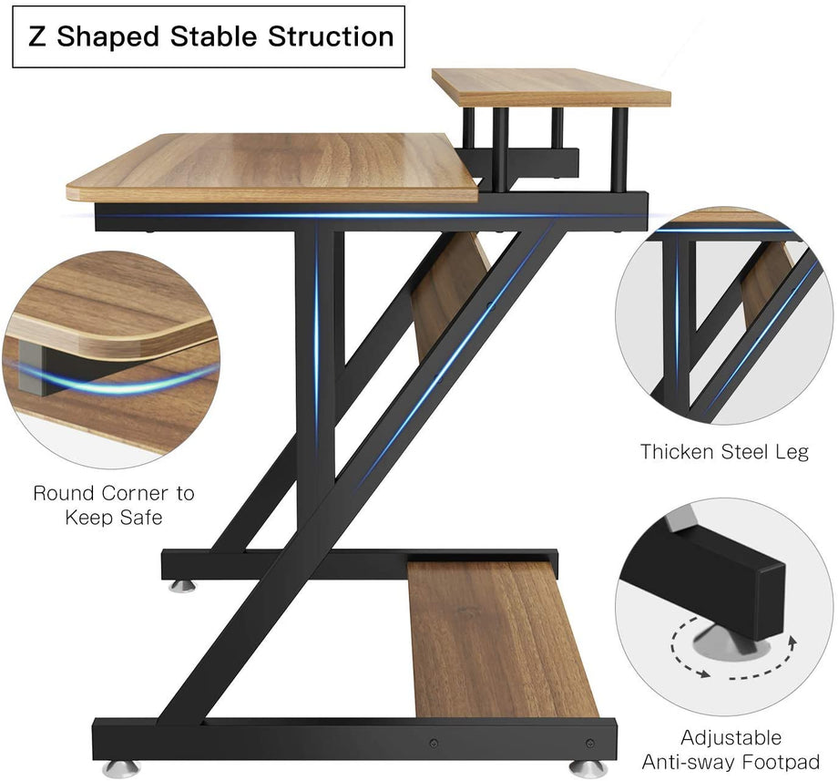 Dripex Schreibtisch Dunkelbraun Computertisch Stabiler Z-förmiger Arbeitstisch PC Laptop Tisch Home Office mit Ablage 70 x 60 x 79CM
