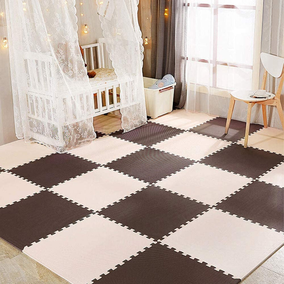 YOLEO Puzzlematte Kinderspielteppich Spielmatte Spielteppich Schaumstoffmatte Kinderteppich Schutzmatten Bodenschutzmatten Unterlegmatten Fitnessmatte 32x32 cm (Beige-Braun 25 Stücke)