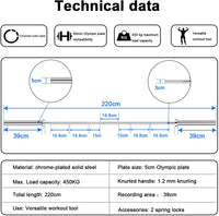 Dripex Hantelstange Ø 50 mm 220cm Langhantelstange, Olympische Hantelstange, Gewichtheberstange für Olympic Barbell, igengewicht 16,5kg, bis 400 kg belastbar, mit 2 Federverschlüsse
