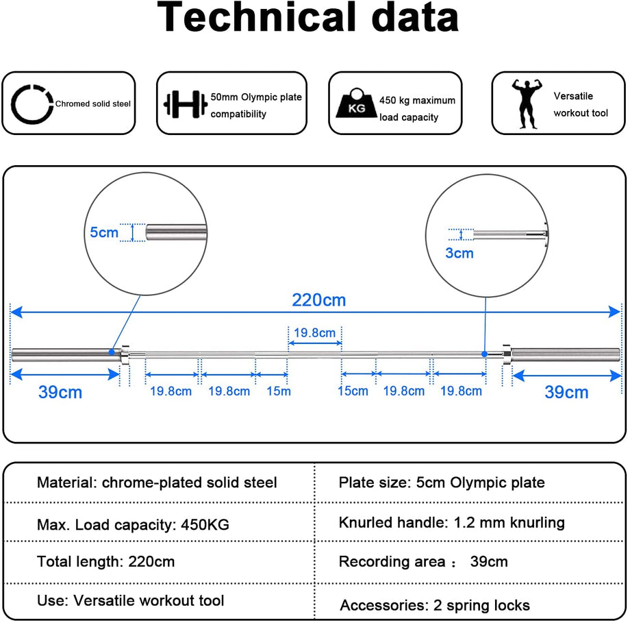 Dripex Hantelstange Ø 50 mm 220cm Langhantelstange, Olympische Hantelstange, Gewichtheberstange für Olympic Barbell, igengewicht 16,5kg, bis 400 kg belastbar, mit 2 Federverschlüsse