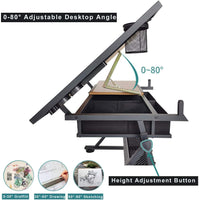 Dripex Zeichentisch mit kippbarer Tischplatte höhenverstellbar- Artist Architektentisch, Arbeitszimmer, Zeichnen, Computertisch inkl. Hocker und 2 Schubladen für Architekten und Techniker (schwarz)