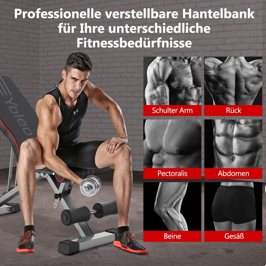 YOLEO Multifunktion Hantelbank klappbare Trainingsbank Fitnessbank, 6-Fach Rückenlehne/4-Fach Sitz verstellbar, bis 150kg belastbar, Flachbank Sit Up Bank geeignet für Zuhause/Fitnessstudio