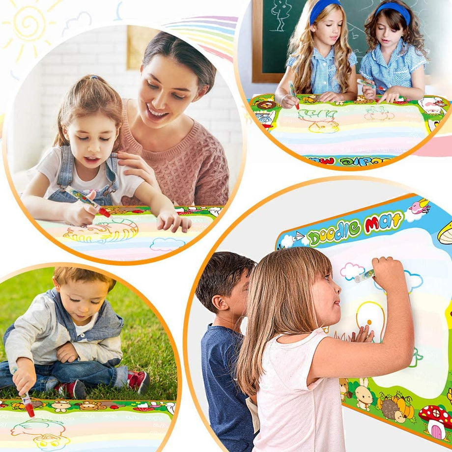 OUNUO Water Doodle Matte 100 x 70 cm magiczna mata malarska woda, z 1 wałkiem malarskim, 4 formami do rysowania, 4 pisakami, 3 stemplami, 2 gąbkami, 1 książka z obrazkami, mata do rysowania wody, mata do malowania