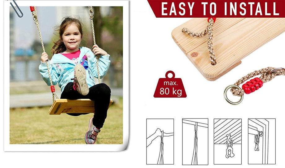 Dripex Holz Schaukel Gartenschaukel für Erwachsene Kinder mit Einstellbares Seil, Indoor und Outdoor Schaukelsitz Brettschaukel bis 80kg (Holzfarbe)