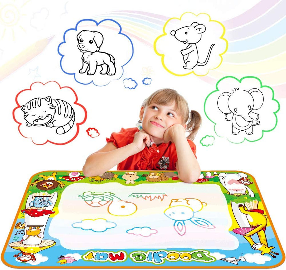 OUNUO Water Doodle Matte 100 x 70 cm magiczna mata malarska woda, z 1 wałkiem malarskim, 4 formami do rysowania, 4 pisakami, 3 stemplami, 2 gąbkami, 1 książka z obrazkami, mata do rysowania wody, mata do malowania