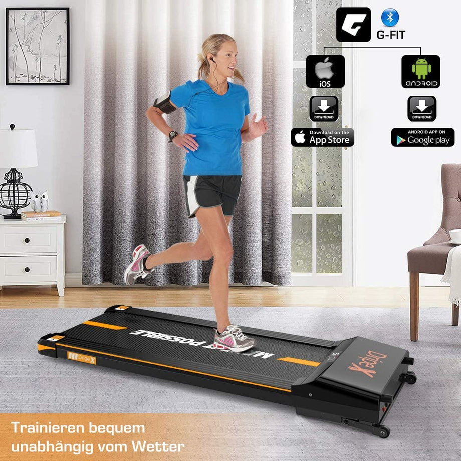 Dripex Laufband elektrisch leise, Treadmill 1-6 km/h einstellbar, 500W Motor mit Fernbedienung und LCE Display, einfach zu transportieren und zu lagern, geeignet für Büro und zuhause, Orange/Blau
