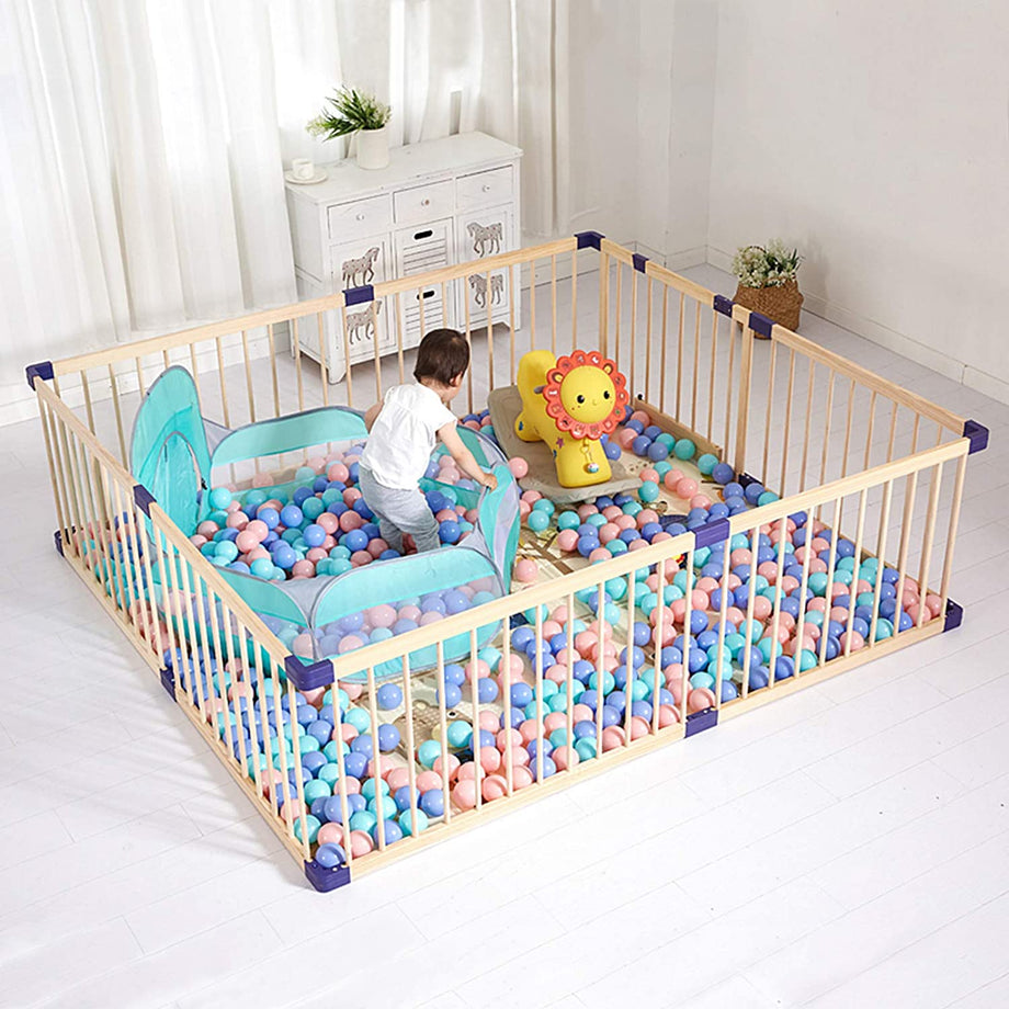 Dripex Laufgitter Baby Laufstall Absperrgitter Kinder Holzgitter Krabbelgitter aus Kieferholz mit Tür 182.4 x 205 CM