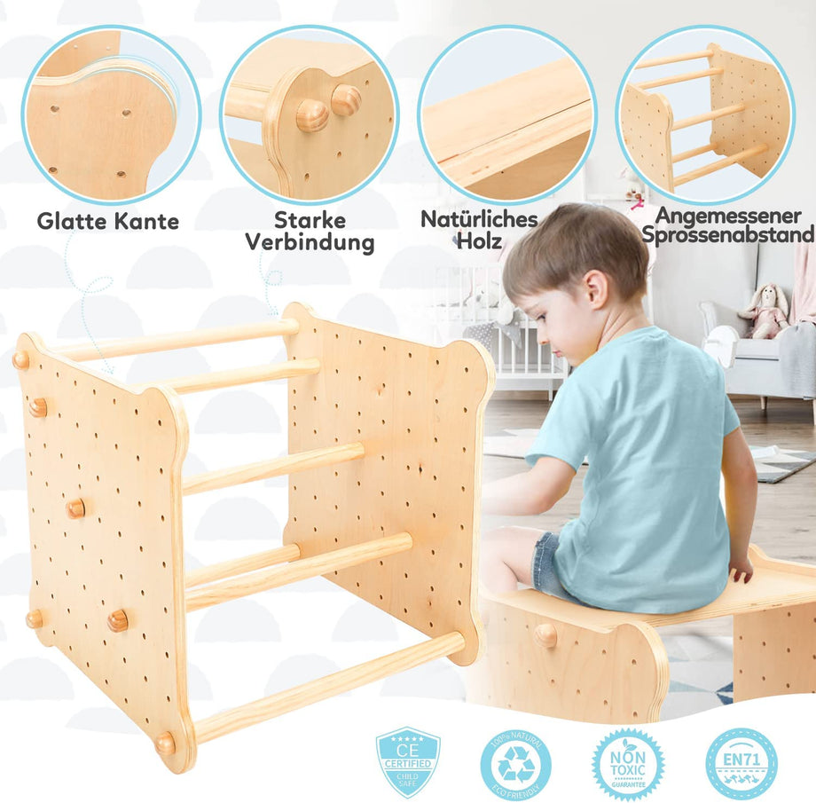 Dripex 6 IN 1 Kletterwürfel aus Holz Indoor/Outdoor Klettergerüst, mit Rutsche kombinierbar für Kleinkinder ab 12 Monaten, belastbar 60kg