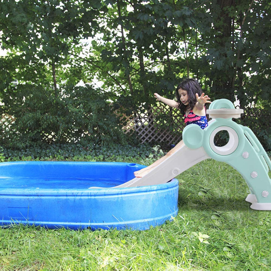 YOLEO Rutsche, Kinder Fun-Slide mit Basketballkorb, Faltbar Kinderrutsche, Gartenrutsche Kleinkinderrutsche für 1-3 Jahre, Indoor & Outdoor Rutschbahn mit Rutschauslau