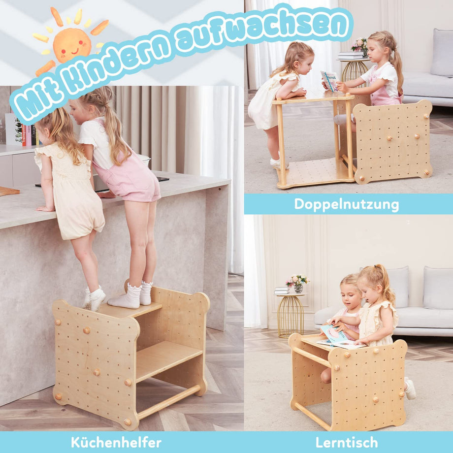Dripex 6 IN 1 Kletterwürfel aus Holz Indoor/Outdoor Klettergerüst, mit Rutsche kombinierbar für Kleinkinder ab 12 Monaten, belastbar 60kg