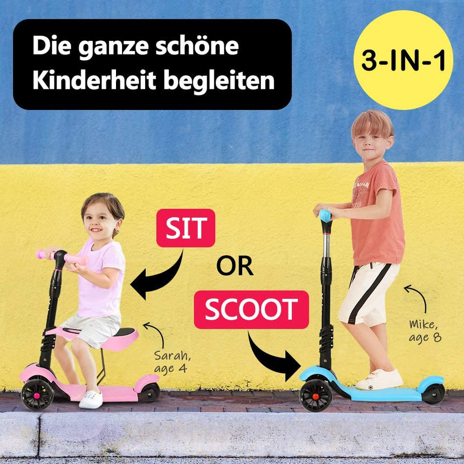 YOLEO 3-in-1 Kinder Roller Scooter mit Abnehmbarem Sitz