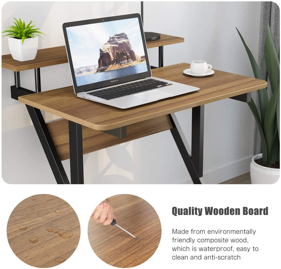 Dripex Schreibtisch Dunkelbraun Computertisch Stabiler Z-förmiger Arbeitstisch PC Laptop Tisch Home Office mit Ablage 70 x 60 x 79CM