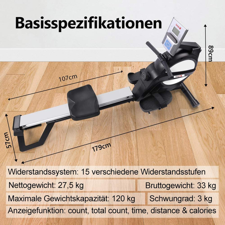 Dripex Rudergerät mit Magnetbremssystem kugelgelagerter Rudersitz LED-Monitor 3 kg Schwungmasse und 15 stufige Widerstandseinstellung für Fitness zu Hause
