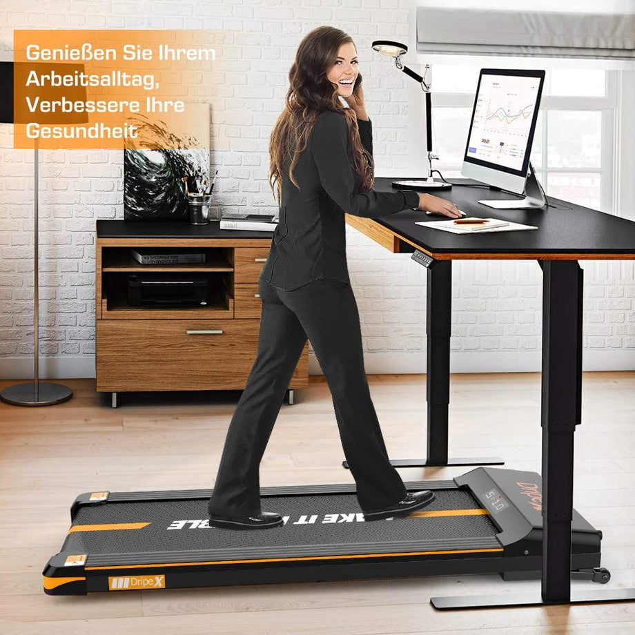 Dripex Laufband elektrisch leise, Treadmill 1-6 km/h einstellbar, 500W Motor mit Fernbedienung und LCE Display, einfach zu transportieren und zu lagern, geeignet für Büro und zuhause, Orange/Blau