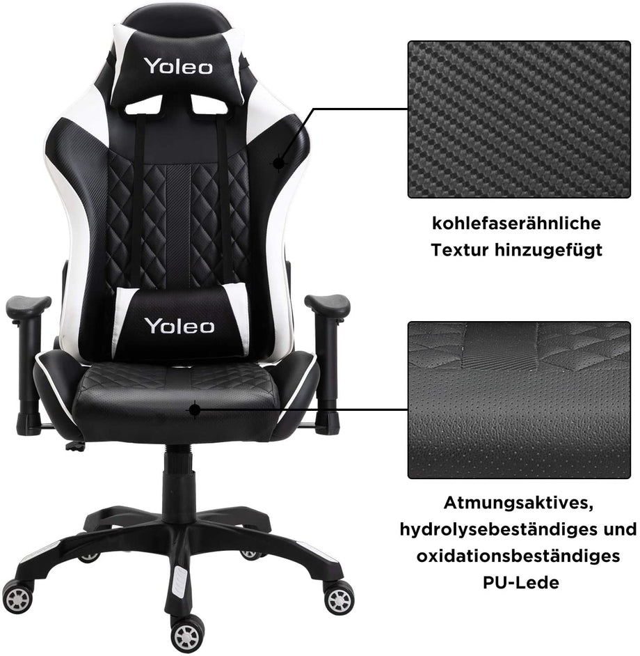 YOLEO Gaming Stuhl, bequemer Gaming Sessel 150 kg Belastbarkeit, Kunstleder PC Stuhl drehbar höhenverstellbar Gaming Chair mit Kopfstütze (weiß-schwarz)