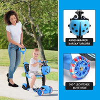 YOLEO 5-in-1 Kinder Roller Scooter mit Abnehmbarer Karikaturkorb Sitz Schubstange LED große Räder Bequeme Rückenlehne Höheverstellbare Lenker für Kleinkinder Jungen Mädchen ab 2 Jahre