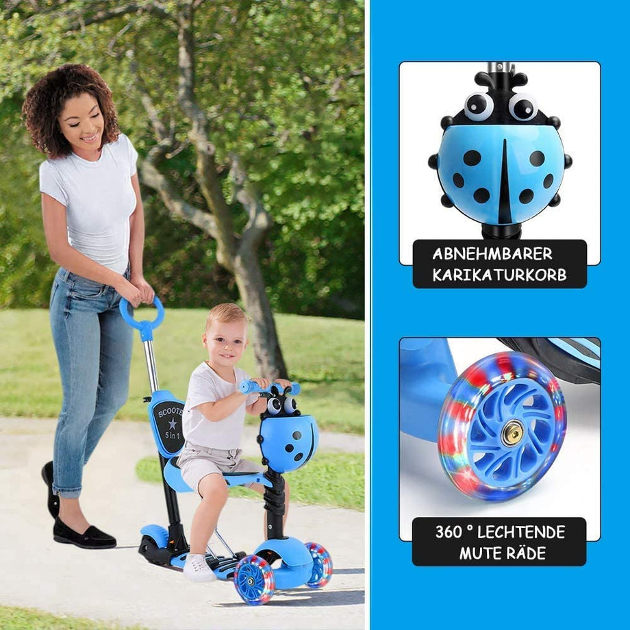 YOLEO 5-in-1 Kinder Roller Scooter mit Abnehmbarer Karikaturkorb Sitz Schubstange LED große Räder Bequeme Rückenlehne Höheverstellbare Lenker für Kleinkinder Jungen Mädchen ab 2 Jahre