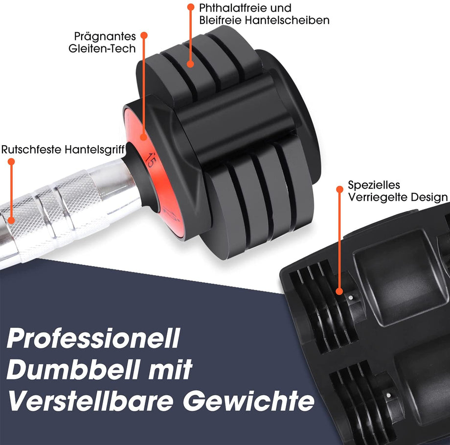 Dripex Hantelset Kurzhanteln Verstellbar 30LB/15KG 2er Set Professionell Dumbbell für Frauen Kinder, Schweißresistent Kurzhantelstange, 5 Gewichte Gleiten-Tech Verstellbar Hanteln für Krafttraining