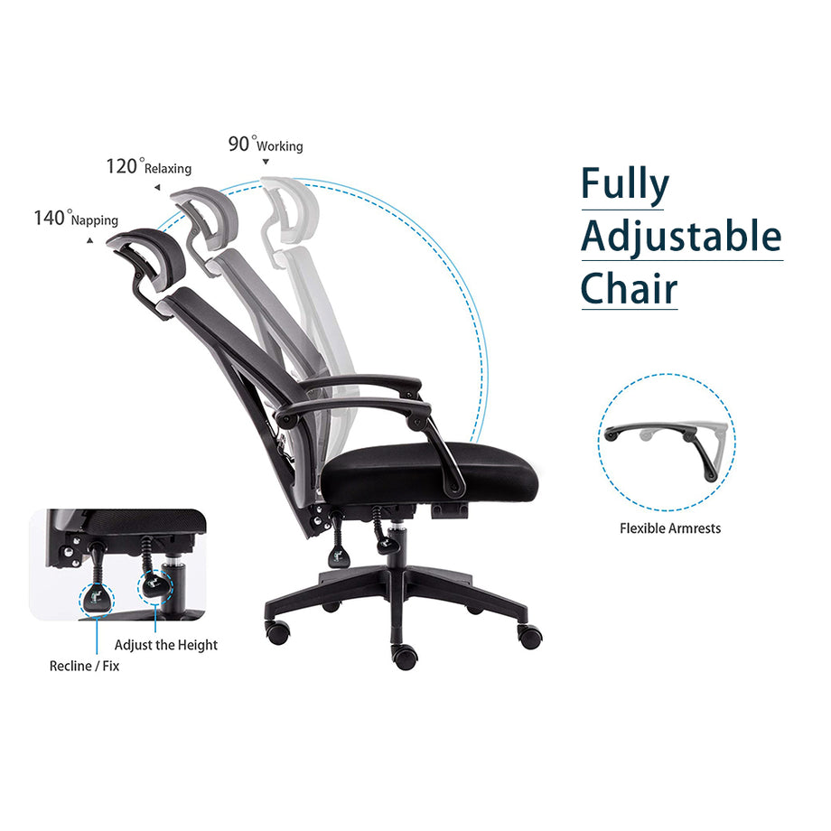 Dripex Bürostuhl Ergonomischer Stuhl mit 140 ° Verstellbarer Schreibtischstuhl Computerstuhl mit Kopfstütze und Lordosenstütze