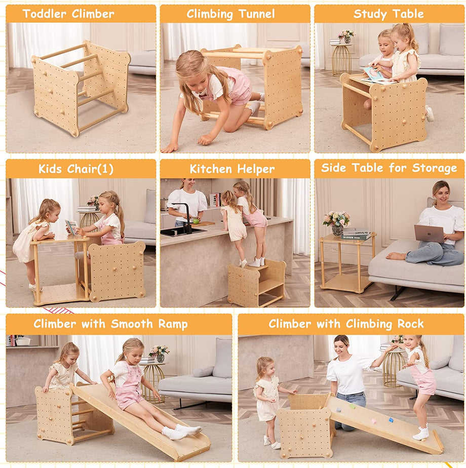 Dripex 6 IN 1 Kletterwürfel aus Holz Indoor/Outdoor Klettergerüst, mit Rutsche kombinierbar für Kleinkinder ab 12 Monaten, belastbar 60kg