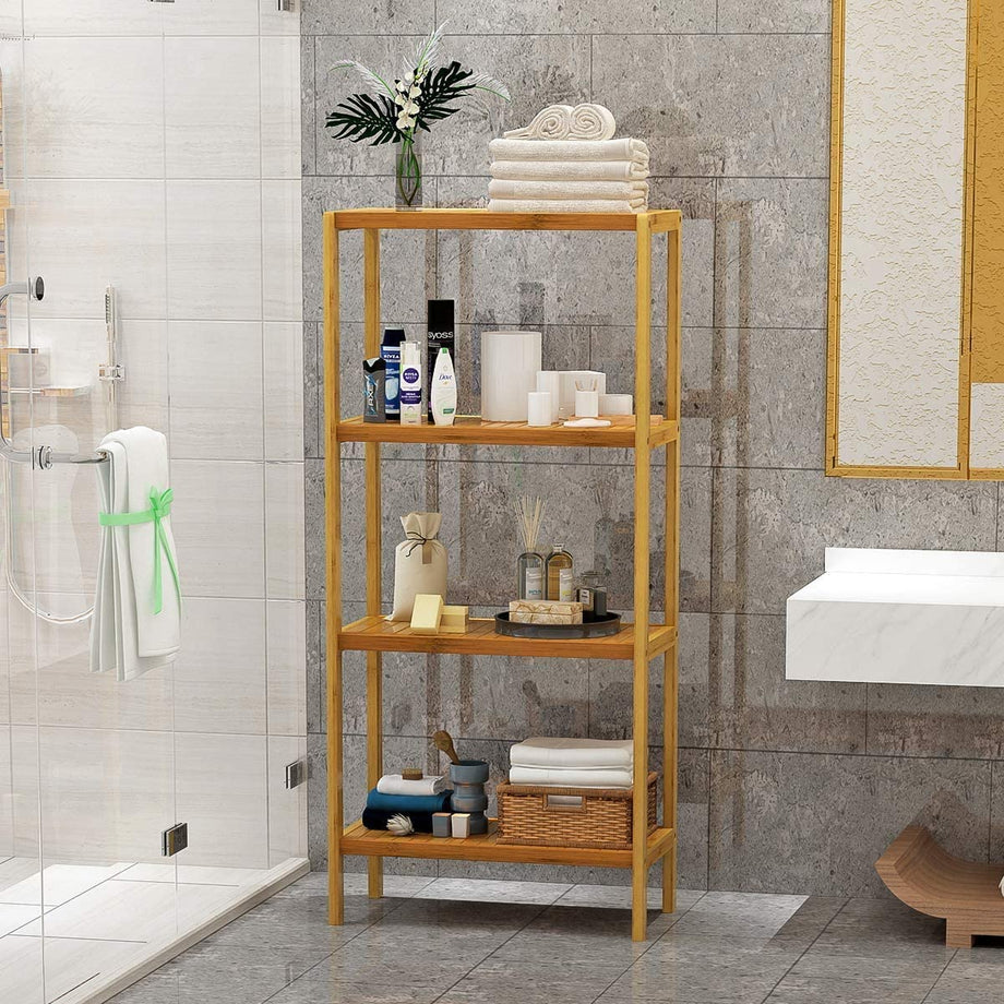 Dripex Standregal Badregal 4 Ebenen Holzregal Küchenregal Pflanzregal Mehrzwerkregal Regal Bambus für Wohnzimmer Badzimmer Waschraum Garten 113 x 26 x 52cm