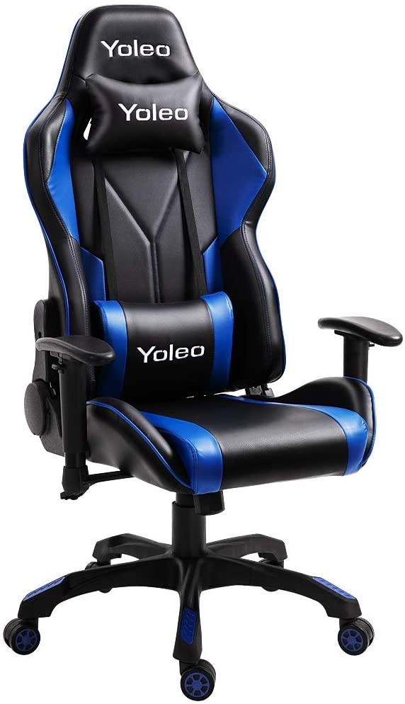 YOLEO Gaming Stuhl Bürostuhl Racing Stuhl Gamer Ergonomischer Stuhl mit Lendenkissen, Hohe Rückenlehne Verstellbarer Drehstuhl, mit einstellte Kopfstütze,150 kg Belastbarkeit, PU-Leder