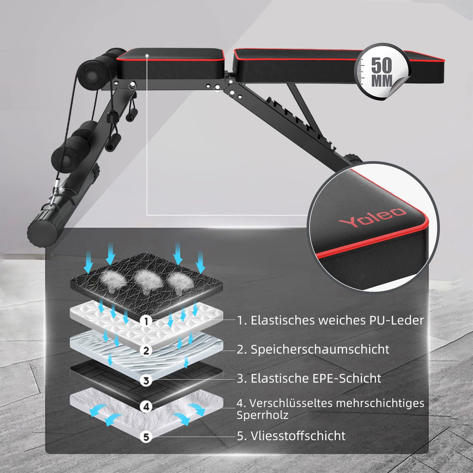 YOLEO klappbare Hantelbank Multifunktion Training Fitness Bank Bauchtrainer Schrägbank mit 6-Fach Verstellbarer Rückenlehne/3-Fach verstellbarer Sitzkissen,Belastung 250kg,Sit Up Bank